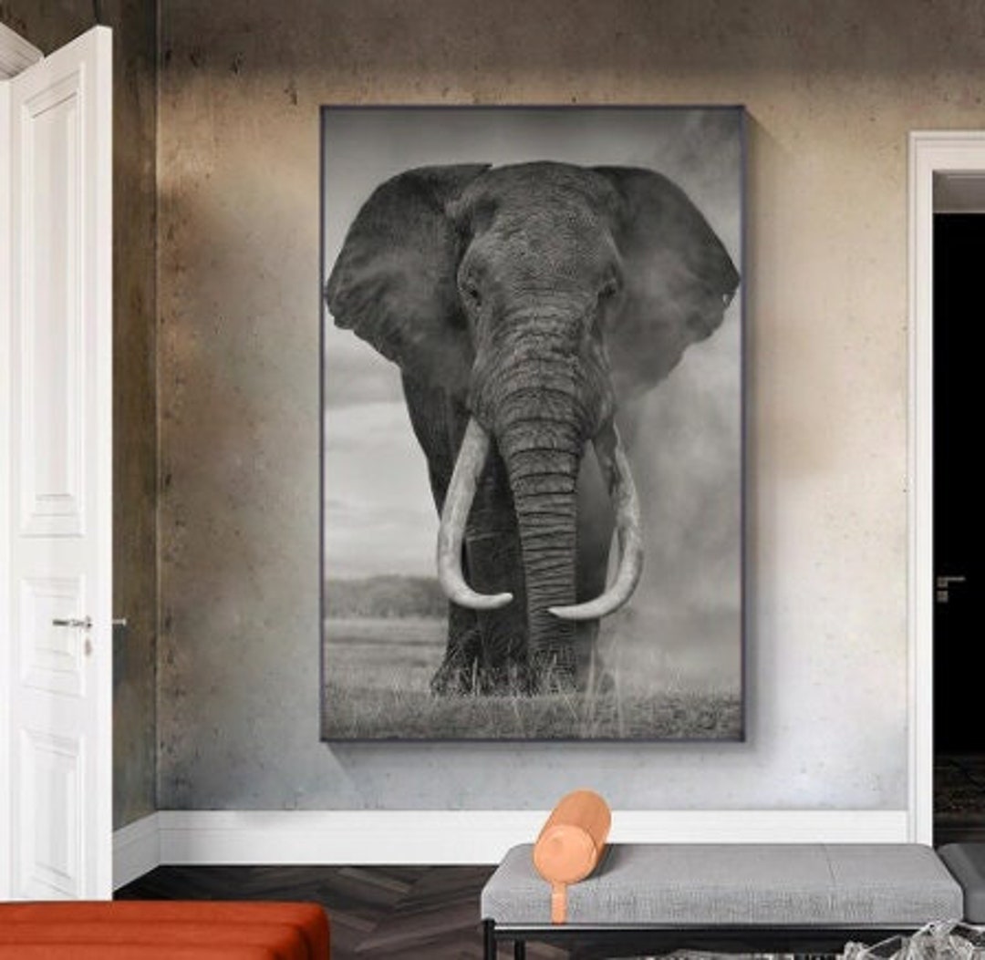 Wild Black and White African Elephant Canvas Painting Animal Posters
