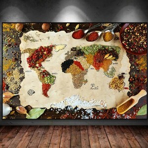 Gewürzwelt Leinwand Gemälde Wandkunst Weltkarte Gewürze Bilder Drucke Kunstwerk für Galerie Wohnzimmer Wohnkultur Küchendekor