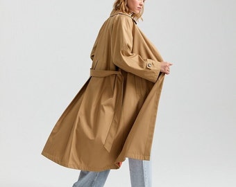 Trench-coat croisé oversize camel avec ceinture/coupe-vent long pour femme/manteau d'automne pour femme/imperméable style brume britannique/manteau de pluie