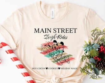 Main Street Sleigh Rides Sudadera de Navidad, Camisa de trineo de Disney, Camisa de Navidad de Disney, Camisa de Vacaciones de Disney, Sudadera de la Familia Disney