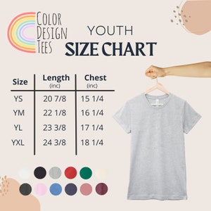 Puede incluir: Tabla de tallas para camisetas para j&oacute;venes con medidas en pulgadas. La tabla muestra las tallas YS, YM, YL y YXL con las medidas de longitud y pecho correspondientes.