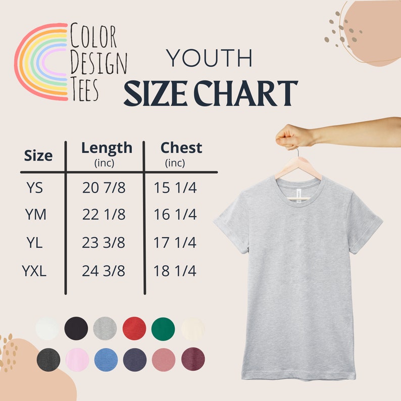 Puede incluir: Tabla de tallas para camisetas para j&oacute;venes con medidas en pulgadas. La tabla muestra las tallas YS, YM, YL y YXL con las medidas de longitud y pecho correspondientes.