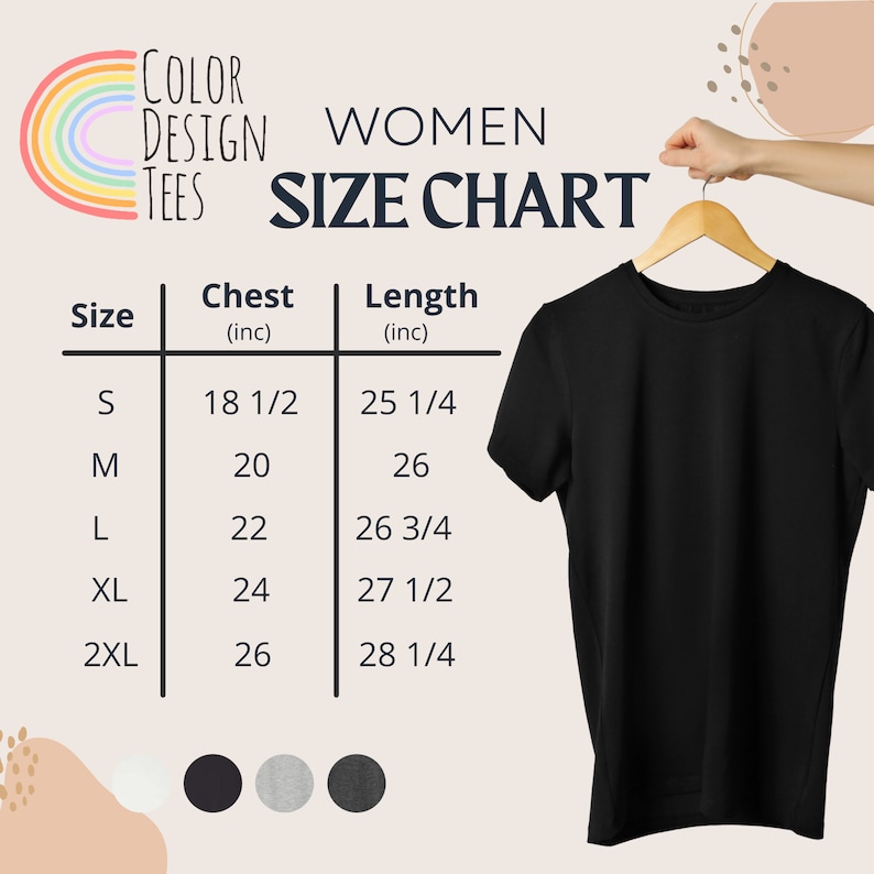 Puede incluir: Tabla de tallas para camisetas de mujer con medidas en pulgadas para el pecho y la longitud. Las tallas incluyen S, M, L, XL y 2XL.