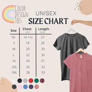 Puede incluir: Tabla de tallas unisex para camisetas con medidas en pulgadas para el pecho y la longitud. Las tallas incluyen XS, S, M, L, XL, 2XL y 3XL.