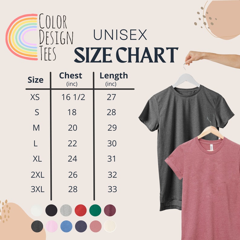 Puede incluir: Tabla de tallas unisex para camisetas con medidas en pulgadas para el pecho y la longitud. Las tallas incluyen XS, S, M, L, XL, 2XL y 3XL.