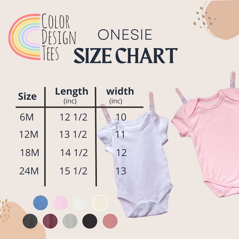 Puede incluir: Tabla de tallas para bodies con medidas en pulgadas. La tabla muestra las tallas 6M, 12M, 18M y 24M con las longitudes y anchuras correspondientes. La tabla se muestra sobre un fondo beige claro con un gr&aacute;fico de arco&iacute;ris en la esquina superior izquierda.