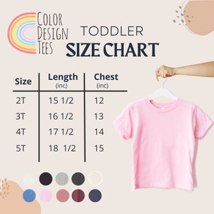 Puede incluir: Tabla de tallas para camisetas de ni&ntilde;os peque&ntilde;os con medidas en pulgadas. La tabla muestra la talla, la longitud y las medidas del pecho para las tallas 2T, 3T, 4T y 5T.