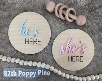She's Here Wooden Sign | He's Here Wooden Sign | Birth Announcement Sign | Gender Reveal Photo Prop | Gender Announcement Sign | Baby Gift