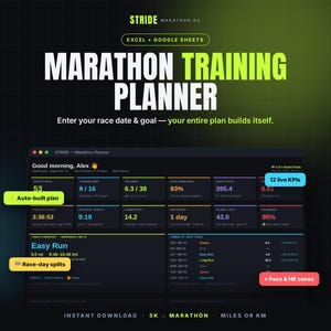 Marathon Training Plan Spreadsheet | Running Tracker for Excel & Google Sheets | Pace Calculator