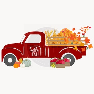 Camioneta roja SVG, camión con hojas, clipart, clipart de camión, descarga instantánea, camión rojo PNG, cosecha de otoño, hola otoño PNG, arte otoñal