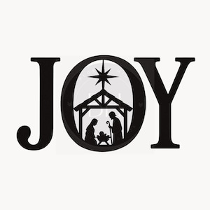 May include: Black silhouette of the word "JOY" with a nativity scene inside the letter "O". The nativity scene includes a star, a stable, and figures representing Mary, Joseph, and baby Jesus. The background is white.