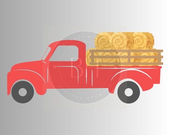 Red Pickup Truck SVG, Truck with Hay Bales, Clipart, Truck Clipart, Instant Download, Red Truck PNG, Digital Transparent Background, Fall