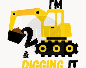 Puede incluir: Ilustración amarilla y negra de un vehículo de construcción con el número 2 y el texto "I'm 2 & Digging It".