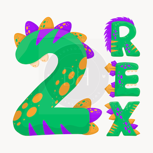May include: Green number two with purple and orange accents, shaped like a dinosaur. The word "REX" is spelled out in green letters with purple and orange accents.