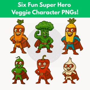 Veggie Friends : PNG super héros aux légumes, héros brocoli, héros maïs, héros petits pois, héros carottes, héros poivrons, clipart enfant super héros légumes