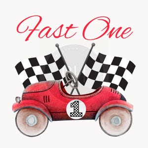 Fast One Birthday png, vintage rode raceauto, eerste 1e verjaardagsuitnodiging, transparante png-download, gelukkige verjaardag ontwerp, auto 1e verjaardag