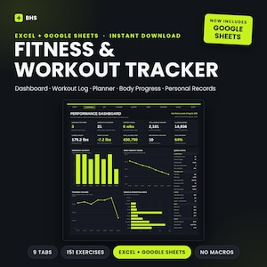 May include: A digital fitness and workout tracker template for Excel and Google Sheets. The dark interface features a performance dashboard with lime green charts, data tables, and text including "Fitness & Workout Tracker" and "Now Includes Google Sheets".
