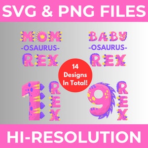 Pink Dinosaur Birthday Saurus Family SVG PNG Bundle (Digital Download)