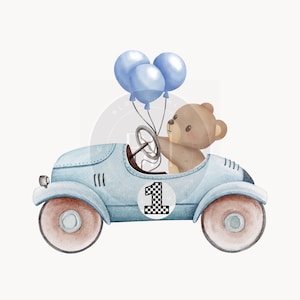 Fast One Birthday png, vintage raceauto met teddybeer, uitnodiging eerste 1e verjaardag, transparante png, ontwerp gefeliciteerd met je verjaardag, teddybeer en auto