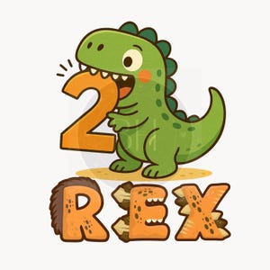 May include: A cartoon illustration of a green dinosaur holding the number 2 in its mouth. The word "REX" is below the dinosaur in orange letters. The dinosaur has a happy expression and is standing on a patch of sand.