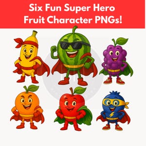 Obst Freunde: Obstartige Superhelden PNGs, Apfel Held, Orange Held, Banane Held, Blaubeere Held, Wassermelone Held, Superheld Kinder Clipart