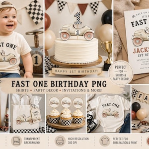 Puede incluir: Una colección de artículos con temática de cumpleaños con un motivo de coche de carreras. Incluye una camiseta "Fast One", una tarta, invitaciones, decoración de fiesta y camisas. La paleta de colores presenta beige, marrón y negro.