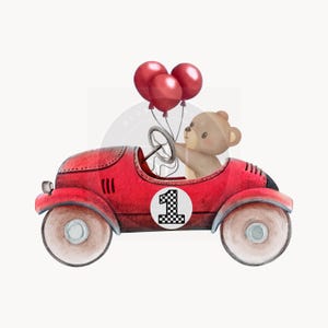 Fast One Birthday png, vintage rode raceauto, eerste 1e verjaardag uitnodiging, transparante png, gelukkige verjaardag ontwerp, rode auto 1e verjaardag met teddy