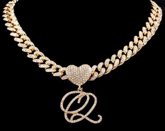 ICED Out Personalised A-Z Cursive Initial Letter Name Pendant Cuban Link Chain In Gold White Gold Jewelry Perfect Birthday Gift for Her/Him