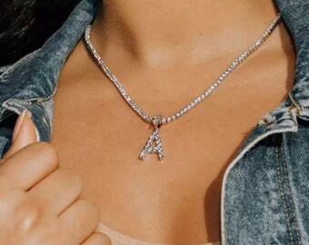 Personalised ICED OUT Caraquet Letter Initial Pendant Tennis Chain Necklace Silver Choker Necklace For Female Jewelry Birthday Gift For Her