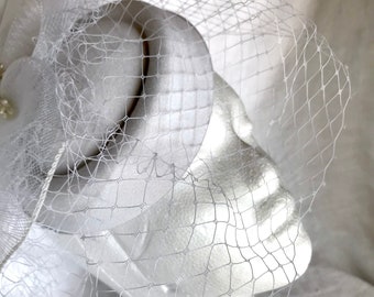 White Fascinator Cap With Face Net Veil