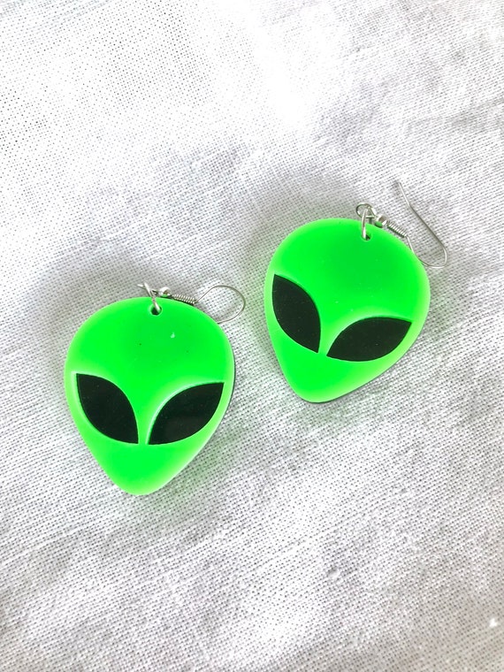 Green Alien Head Earrings: Stainless Steel Hooks - image 1