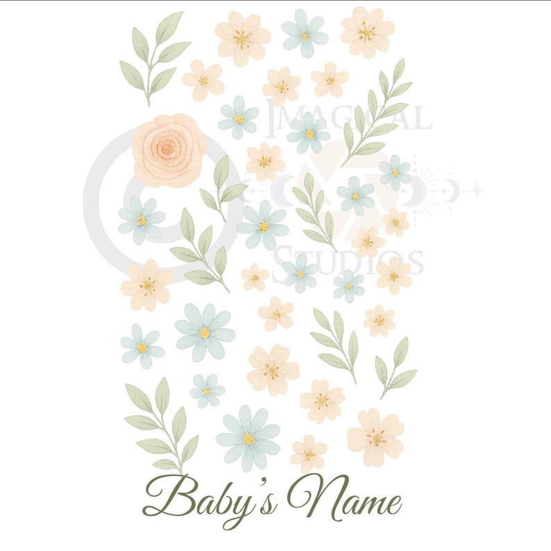May include: Watercolor illustration featuring a collection of pastel-colored flowers and green leaves. The design includes a large peach-colored rose and various small blue and peach flowers. The words "Baby's Name" are written in a script font at the bottom.