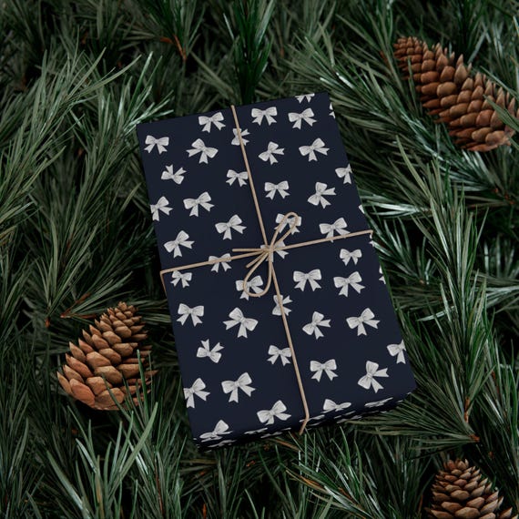 Navy Blue Christmas Wrapping Paper: Silver Bows, Elegant Gift Wrap