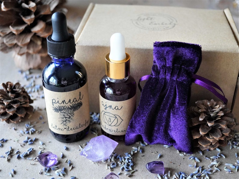 Pineal Detox & Third Eye Activation Kit Quantum DNA Upgrade Includes Two Formulas with Amethyst Quartz and Lavender Filled Velvet Pouch image 1