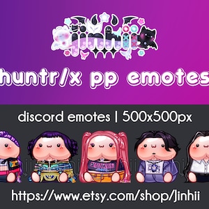 Pode incluir: A imagem apresenta cinco emotes do Discord em estilo cartoon, cada um com penteados e roupas únicos. O texto "huntr/x pp emotes" é exibido acima dos emotes. O fundo é um gradiente de roxo e rosa. O texto "discord emotes | 500x500px" também é exibido.