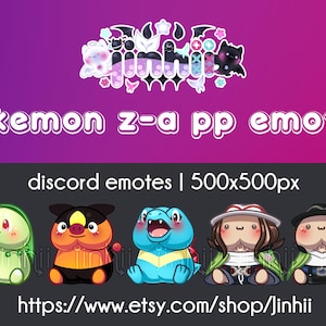 Pode incluir: Gráfico com cinco personagens Pokémon em estilo cartoon com o texto "Pokemon z-a pp emotes" e "discord emotes | 500x500px". O fundo é um gradiente de roxo e rosa. O URL da loja Etsy está na parte inferior.