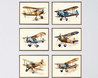 Vintage Airplane Wall Art Print Set of 6 Beautiful Blue Yellow Planes Office Playroom Game Room Boy Nursery Bedroom Home Decor to Frame CAB