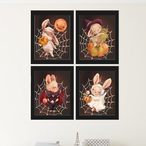 Halloween Wall Art Set of 4 Prints Fun Colorful Pumpkins Bunny Bunnies Child Room Spooky Party Girl Boy Playroom Home Decor to Frame CMHA