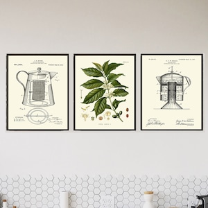 Kaffee Geschenk Wand Kunst 3er Set Botanisch Antik Vintage Pflanze Home Decor Küche Esszimmer Hängedeko Dekoration zum Rahmen COFF