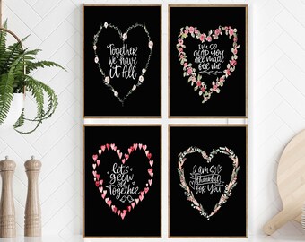 Valentine's Day Gift Wall Art Set of 4 Prints Beautiful Love Inspirational Saying Pink Hearts Roses Flowers Home Room Decor to Frame VAL