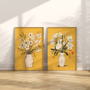 Yellow Flowers Wall Art Print Set of 2 Beautiful Botanical Simple Minimalist Dining Room Bedroom Kitchen Living Home Decor to Frame LWAH15