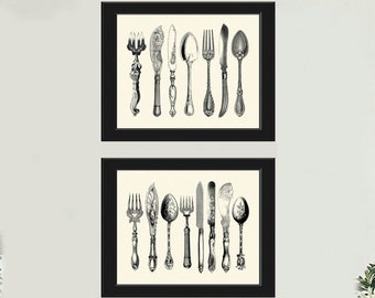 May include: Two framed black and white prints of vintage cutlery, including forks, knives, and spoons, hanging on a white wall above a white console table with two striped ottomans and a patterned armchair.