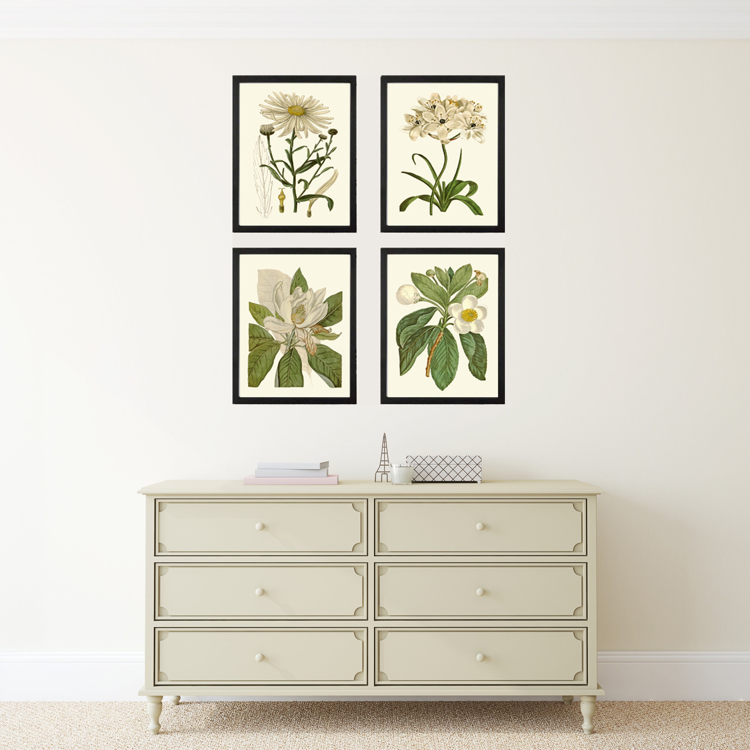 White Flowers Botanical Prints Wall Art Set of 4 Beautiful Antique ...