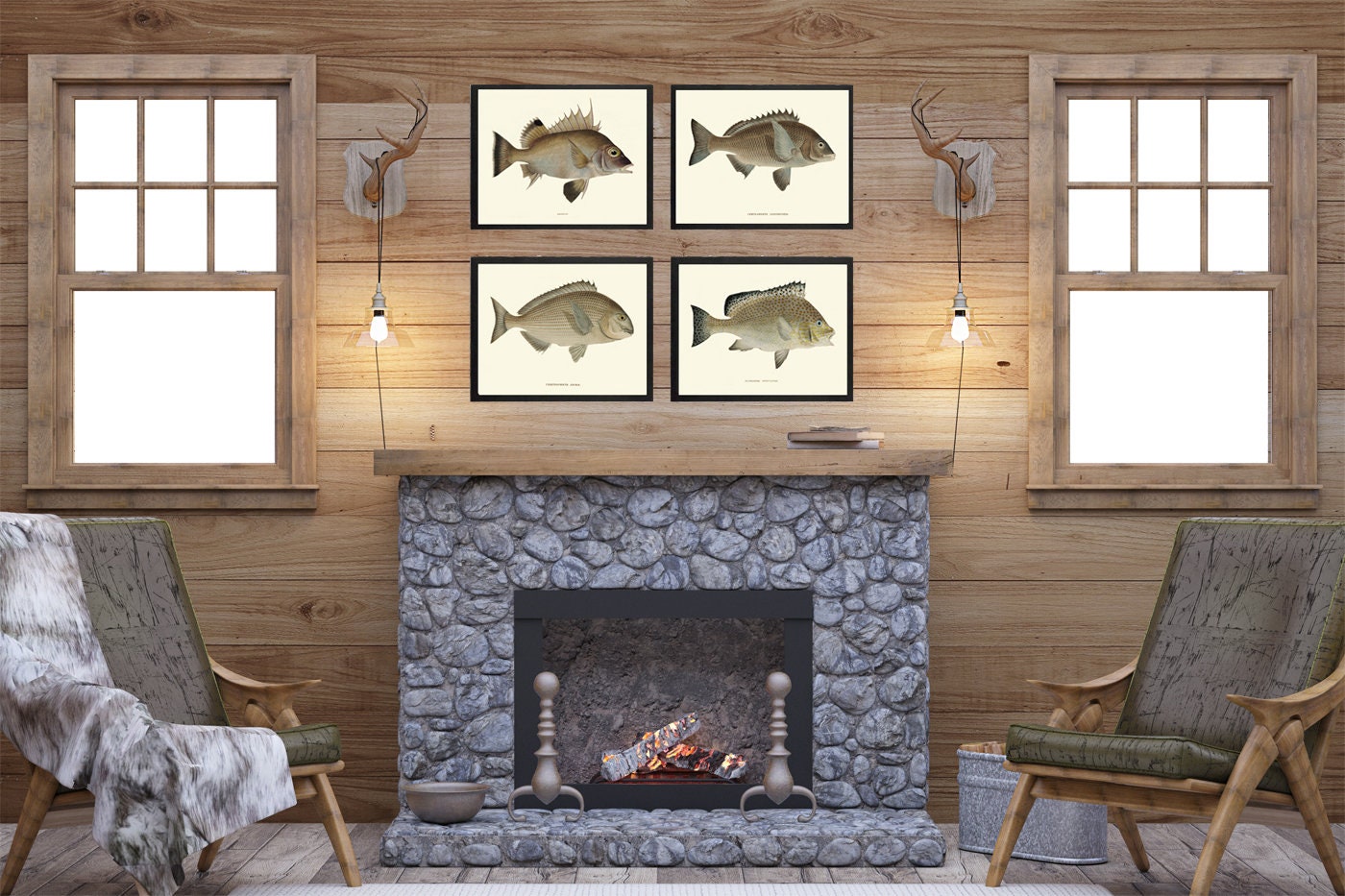 Vintage Fish Wall Art Set of 4 Prints Beautiful Antique Sea Ocean Beach