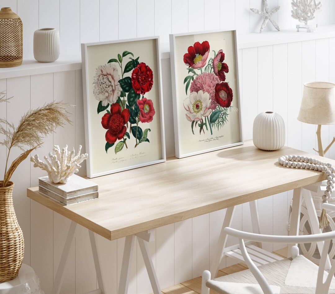 Peony Camellia Botanical Prints Wall Art Set of 2 Red White Pink ...
