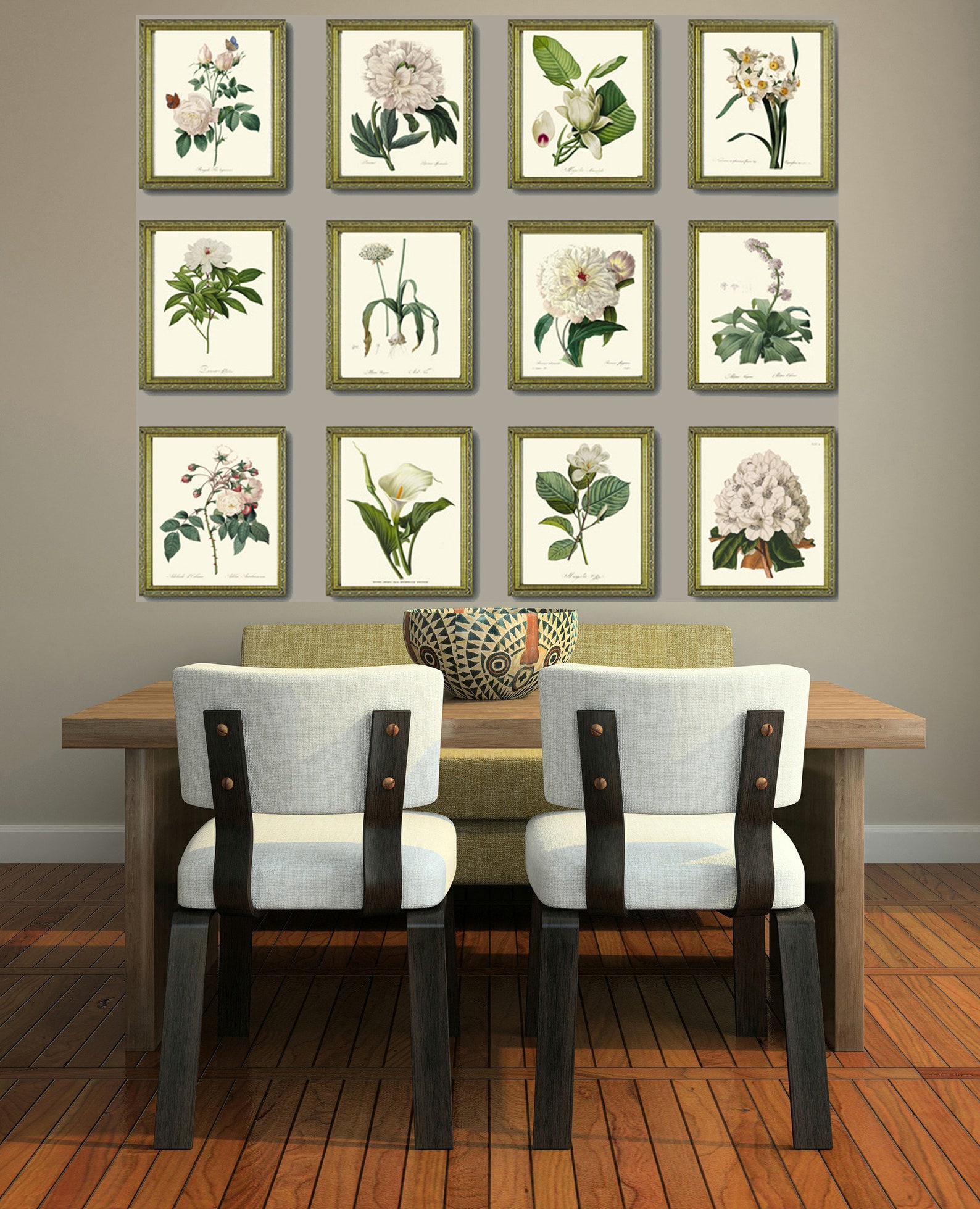 White Flower Botanical Prints Wall Art Set of 12 Beautiful Antique ...