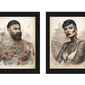 Tattoo Portrait Wall Art Print Set of 2 Beautiful Vintage Floral Roses Landscapes Male Female Portrait Painting Giclee Home Room Decor AIDT3