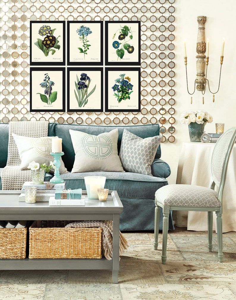 Blue Flowers Botanical Wall Art Set of 6 Prints Beautiful Vintage