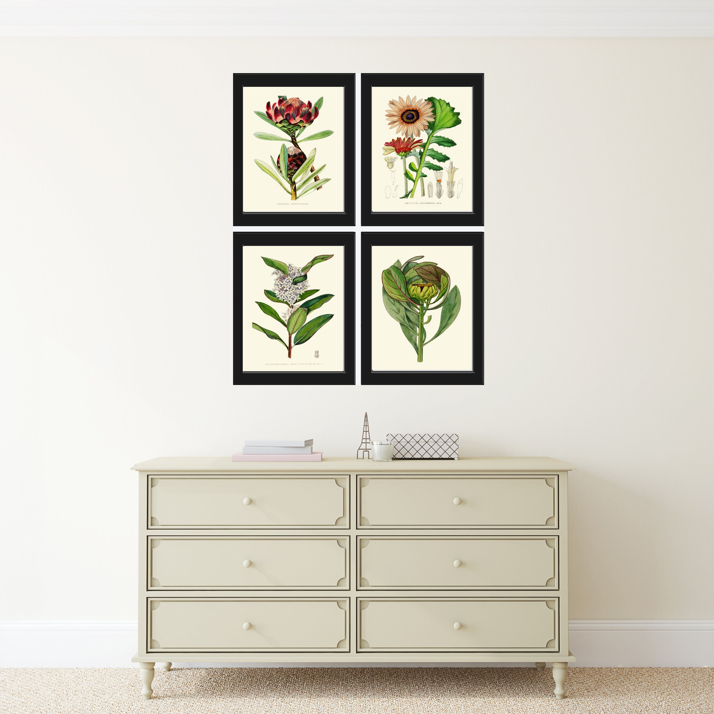 Tropical Flowers Botanical Prints Wall Art Set of 4 Beautiful Antique ...