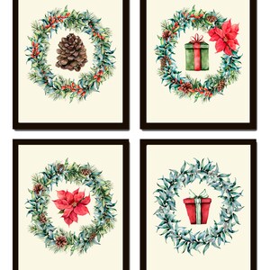 Kerst Wall Art Holiday Home Decor Print Set van 4 Pinecone Gift Boxes Rode Poinsettia Krans Eetkamer Open haard Home Decor om CM in te lijsten